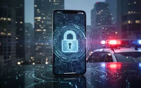 A smartphone with a digital lock icon, overlaid on a blurred cityscape with faint police lights, symbolizing device security and law enforcement. - Foto: über boerse-global.de