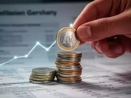 Eine Hand legt eine Euro-Münze auf einen Stapel Münzen, mit Finanzdokumenten und einem steigenden Diagramm im Hintergrund. - Foto: über boerse-global.de