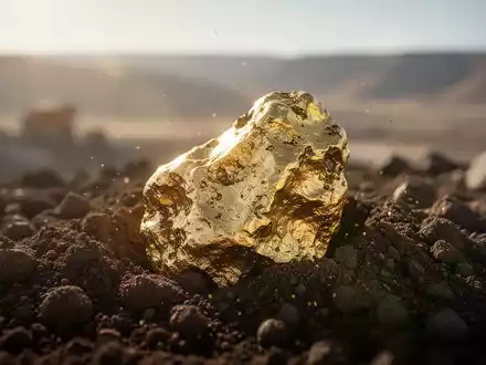 Ein glänzender Goldklumpen, teilweise aus dunkler Erde ausgegraben, in einer sonnigen, verschwommenen Landschaft. - Foto: über boerse-global.de