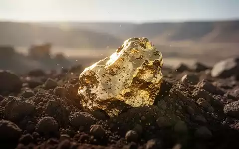 Ein glänzender Goldklumpen, teilweise aus dunkler Erde ausgegraben, in einer sonnigen, verschwommenen Landschaft. - Foto: über boerse-global.de