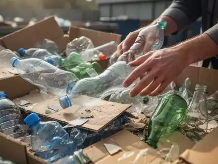 Hände sortieren verschiedene recycelbare Materialien wie Plastikflaschen, Karton und Glas, symbolisch für Ressourcenschonung und Kreislaufwirtschaft. - Foto: über boerse-global.de