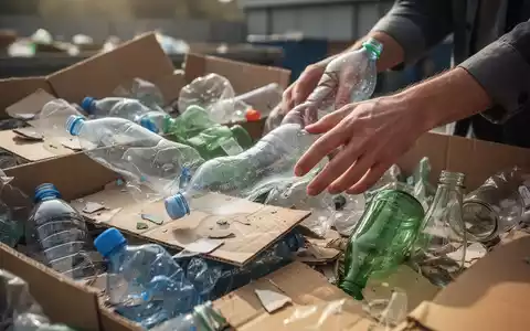 Hände sortieren verschiedene recycelbare Materialien wie Plastikflaschen, Karton und Glas, symbolisch für Ressourcenschonung und Kreislaufwirtschaft. - Foto: über boerse-global.de