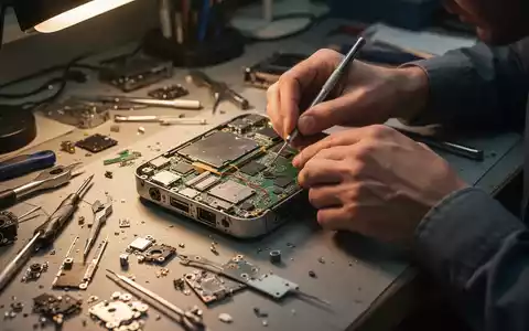 Hände reparieren ein elektronisches Gerät auf einer Werkbank, umgeben von Werkzeugen und Ersatzteilen. Fokus auf Nachhaltigkeit und Kreislaufwirtschaft. - Foto: über boerse-global.de