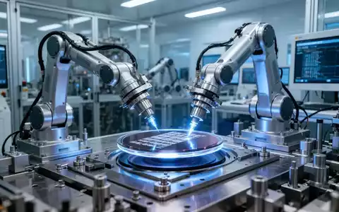 Innenansicht einer hochmodernen Halbleiterfabrik mit Robotern und präzisen Maschinen, die an Siliziumwafern arbeiten. - Foto: über boerse-global.de