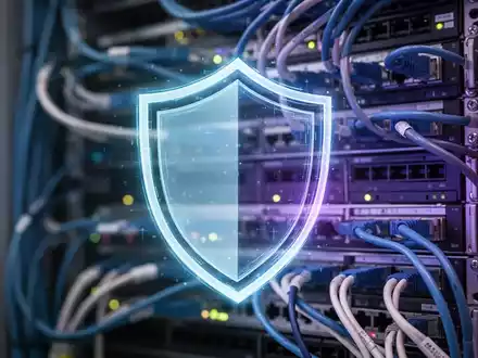 Ein stilisiertes, leuchtendes Schildsymbol ĂĽber einem unscharfen Hintergrund eines modernen Rechenzentrums, das mobile Cybersicherheit darstellt. - Foto: ĂĽber boerse-global.de