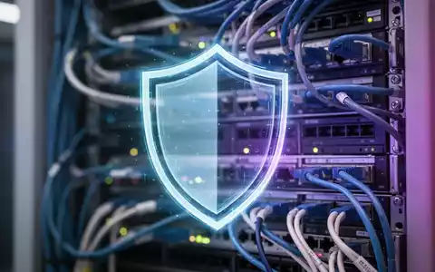 Ein stilisiertes, leuchtendes Schildsymbol über einem unscharfen Hintergrund eines modernen Rechenzentrums, das mobile Cybersicherheit darstellt. - Foto: über boerse-global.de