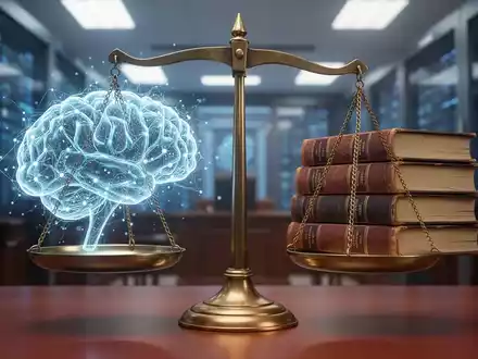 Digital scales with an AI brain on one side and law books on the other, symbolizing AI liability in court. - Foto: über boerse-global.de