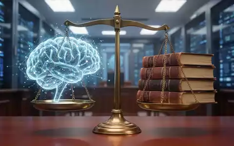 Digital scales with an AI brain on one side and law books on the other, symbolizing AI liability in court. - Foto: über boerse-global.de