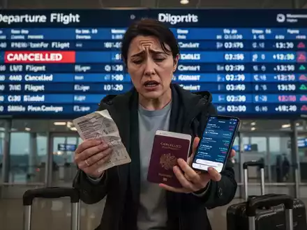 Eine Person mit zerknittertem Reisepass und Smartphone vor einer Anzeigetafel am Flughafen, die einen gestrichenen Flug zeigt. - Foto: über boerse-global.de