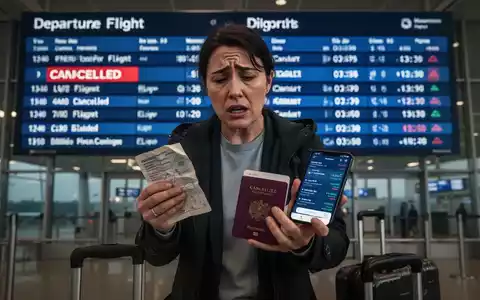 Eine Person mit zerknittertem Reisepass und Smartphone vor einer Anzeigetafel am Flughafen, die einen gestrichenen Flug zeigt. - Foto: über boerse-global.de