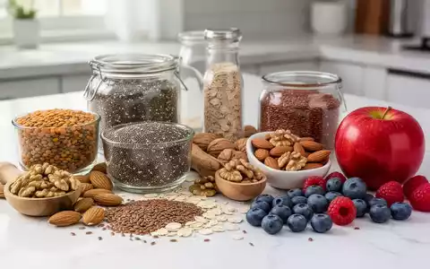 Eine Stillleben-Anordnung von ballaststoffreichen Lebensmitteln wie Linsen, Haferflocken, Chiasamen, Nüssen und Beeren auf einer Arbeitsplatte. - Foto: über boerse-global.de