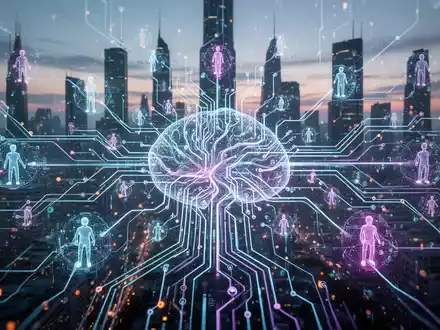 A glowing, interconnected neural network representing AI agents and their integration into enterprise systems, against a futuristic cityscape. - Foto: über boerse-global.de
