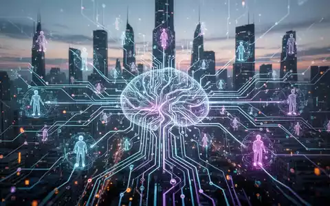 A glowing, interconnected neural network representing AI agents and their integration into enterprise systems, against a futuristic cityscape. - Foto: über boerse-global.de