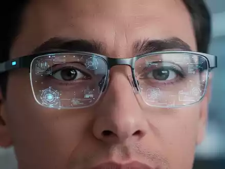 Nahaufnahme von Smart Glasses mit digitalen Overlays, getragen von einer Person, die Technologie für Sinnesbeeinträchtigungen nutzt. - Foto: über boerse-global.de