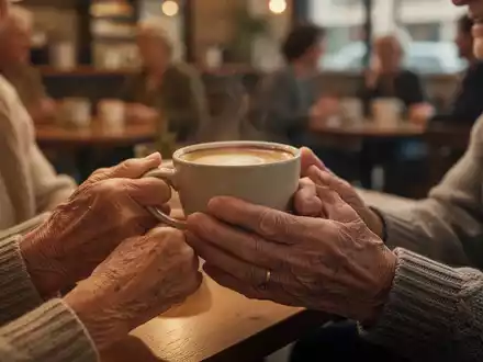 Ältere Hände halten eine warme Tasse, symbolisch für sozialen Trost und Gemeinschaft. Unscharfer Hintergrund eines gemütlichen Cafés. - Foto: über boerse-global.de