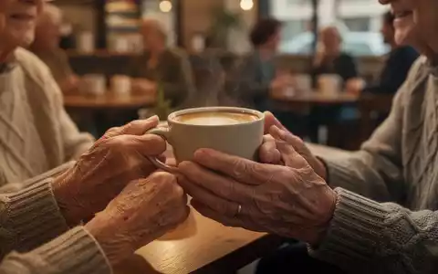 Ältere Hände halten eine warme Tasse, symbolisch für sozialen Trost und Gemeinschaft. Unscharfer Hintergrund eines gemütlichen Cafés. - Foto: über boerse-global.de