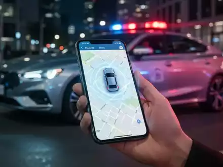 Eine Hand hält ein Smartphone, das eine Tracking-App mit einem Autosymbol auf einer Karte anzeigt. - Foto: über boerse-global.de