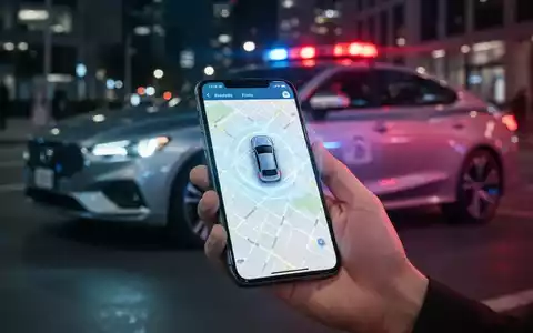 Eine Hand hält ein Smartphone, das eine Tracking-App mit einem Autosymbol auf einer Karte anzeigt. - Foto: über boerse-global.de