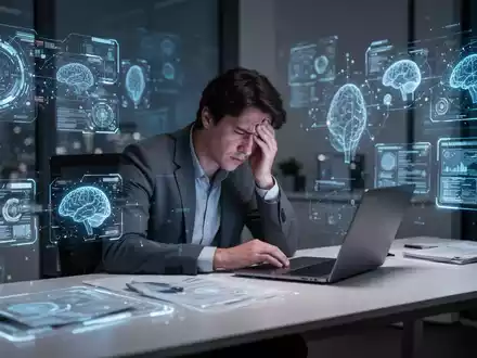 Eine gestresste Person sitzt an einem Schreibtisch, umgeben von digitalen Schnittstellen, die KI-Stress im Arbeitsalltag symbolisieren. - Foto: über boerse-global.de