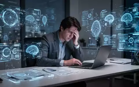 Eine gestresste Person sitzt an einem Schreibtisch, umgeben von digitalen Schnittstellen, die KI-Stress im Arbeitsalltag symbolisieren. - Foto: über boerse-global.de