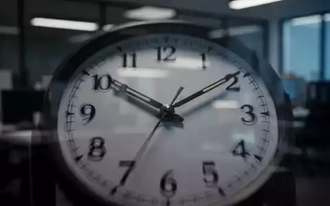 Eine Nahaufnahme einer Uhr, deren Zeiger späte Stunden anzeigen, mit einem unscharfen Büro im Hintergrund, das lange Arbeitszeiten symbolisiert. - Foto: über boerse-global.de
