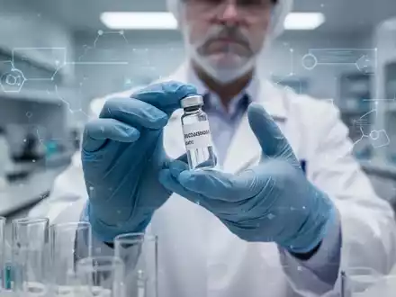 Ein Wissenschaftler im Laborkittel hält ein Fläschchen in einem sterilen Forschungslabor, symbolisch für medizinische Fortschritte. - Foto: über boerse-global.de