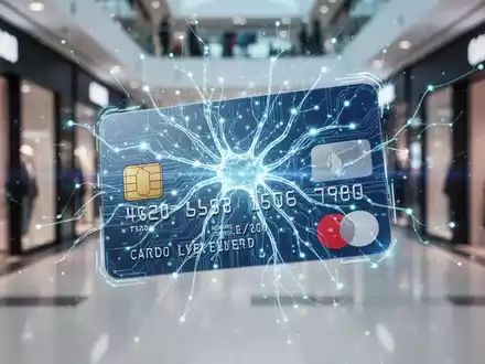 Eine stilisierte, leuchtende neuronale Netzwerkschnittstelle über einer Kreditkarte, die KI und Finanztransaktionen symbolisiert. - Foto: über boerse-global.de