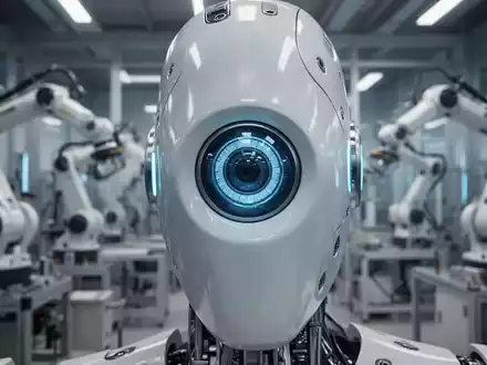 Close-up of a humanoid robot's optical sensor, highlighting advanced lens technology for machine vision in a factory setting. - Foto: über boerse-global.de