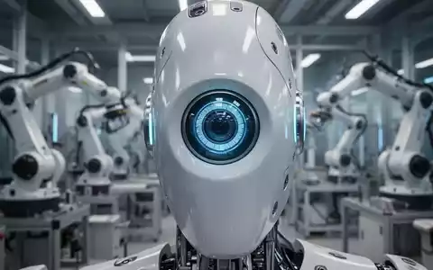 Close-up of a humanoid robot's optical sensor, highlighting advanced lens technology for machine vision in a factory setting. - Foto: über boerse-global.de