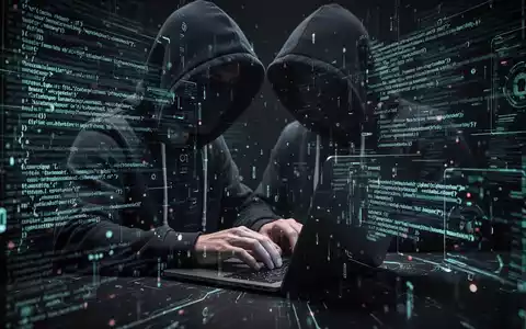 A shadowy figure in a hoodie typing on a laptop, surrounded by glowing digital code and data data streams, illustrating cybersecurity threats. - Foto: über boerse-global.de