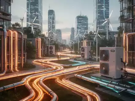 Eine futuristische Stadtlandschaft bei Dämmerung mit leuchtenden Fernwärmeleitungen und modernen Wärmepumpen, die Effizienz symbolisieren. - Foto: über boerse-global.de