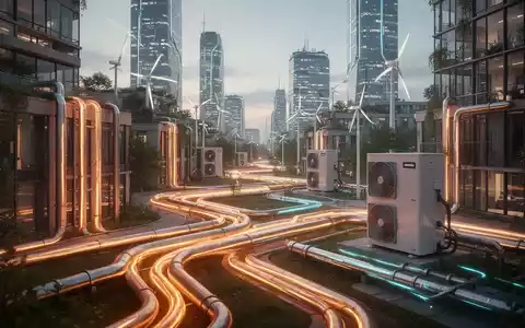 Eine futuristische Stadtlandschaft bei Dämmerung mit leuchtenden Fernwärmeleitungen und modernen Wärmepumpen, die Effizienz symbolisieren. - Foto: über boerse-global.de