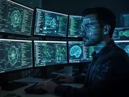 Eine Person betrachtet aufmerksam mehrere Computerbildschirme mit digitalen Daten in einem dunklen, hochtechnologischen Büro. - Foto: über boerse-global.de