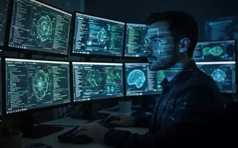 Eine Person betrachtet aufmerksam mehrere Computerbildschirme mit digitalen Daten in einem dunklen, hochtechnologischen Büro. - Foto: über boerse-global.de