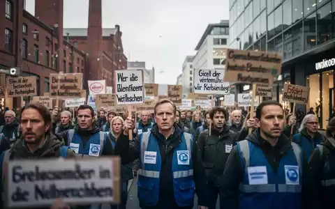 Demonstranten bei einer Gewerkschaftskundgebung, die Schilder mit Forderungen in einer belebten Stadtstraße hochhalten. - Foto: über boerse-global.de
