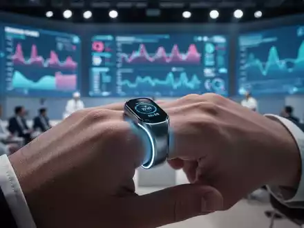Ein futuristischer, eleganter Smart-Ring an einer Hand, der manschettenlose Blutdruckmessung symbolisiert, mit verschwommenem medizinischem Konferenzhintergrund. - Foto: über boerse-global.de
