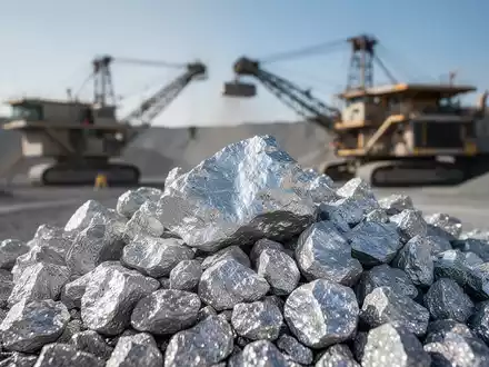 Nahaufnahme von glänzendem Silbererz mit verschwommenem Hintergrund einer modernen Bergbauanlage unter klarem Himmel. - Foto: über boerse-global.de
