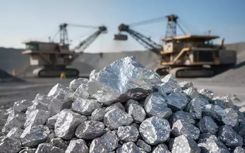 Nahaufnahme von glänzendem Silbererz mit verschwommenem Hintergrund einer modernen Bergbauanlage unter klarem Himmel. - Foto: über boerse-global.de