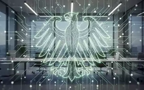 Ein stilisiertes neurales Netzwerk oder eine Platine, überlagert mit einem Umriss des Bundesadlers, in einem modernen Büro. Repräsentiert die KI-Aufsicht. - Foto: über boerse-global.de