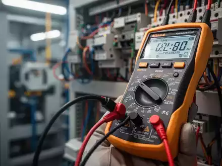 Nahaufnahme eines Multimeters, das ein elektrisches Kabel prüft, im Hintergrund verschwommene Industriemaschinen. - Foto: über boerse-global.de