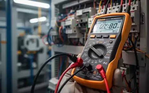 Nahaufnahme eines Multimeters, das ein elektrisches Kabel prüft, im Hintergrund verschwommene Industriemaschinen. - Foto: über boerse-global.de