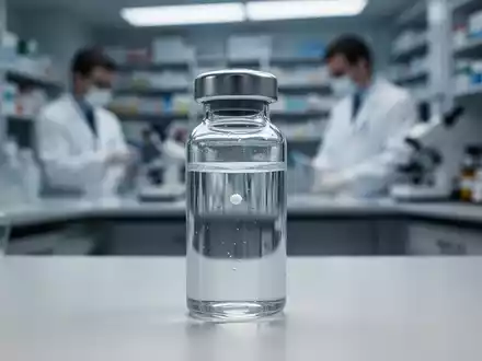 Ein klares Medizinfläschchen mit einer trüben Flüssigkeit und einem kleinen sichtbaren Partikel, im Hintergrund ein Labor. - Foto: über boerse-global.de