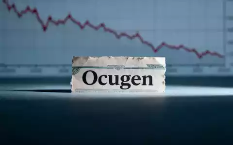 Ein teilweise verdecktes Ocugen-Aktienzertifikat mit absteigendem Trend auf einem unscharfen Börsenchart im Hintergrund. - Foto: über boerse-global.de