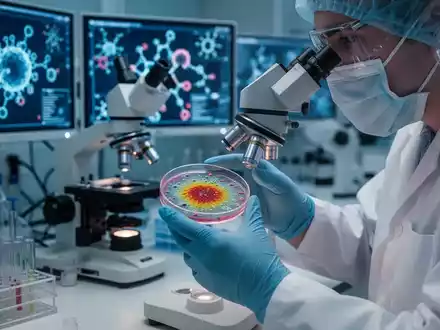 Nahaufnahme eines Wissenschaftlers im Labor, der eine Petrischale mit einer leuchtenden mikrobiellen Kultur unter einem Mikroskop untersucht. - Foto: über boerse-global.de