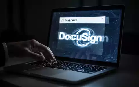 A hand over a laptop keyboard, displaying a malicious phishing email with a distorted DocuSign logo. - Foto: über boerse-global.de