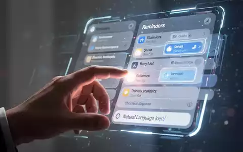 A hand interacts with a holographic iOS Reminders app interface, showing task lists and natural language input. - Foto: über boerse-global.de