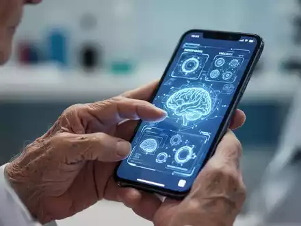 Eine ältere Hand hält ein Smartphone, das eine digitale kognitive Testoberfläche anzeigt, umgeben von einer leicht verschwommenen medizinischen Umgebung. - Foto: über boerse-global.de