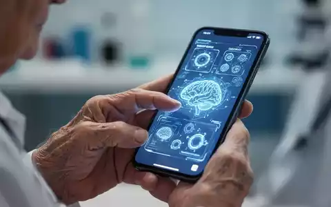 Eine ältere Hand hält ein Smartphone, das eine digitale kognitive Testoberfläche anzeigt, umgeben von einer leicht verschwommenen medizinischen Umgebung. - Foto: über boerse-global.de