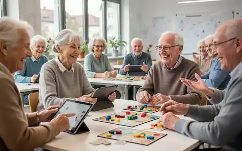 Senioren nehmen an einem Gedächtnistraining teil, einige nutzen Tablets, andere spielen Brettspiele und unterhalten sich. - Foto: über boerse-global.de