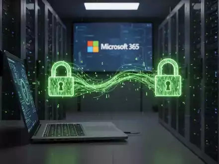 A glowing green data stream flows from a laptop to a padlock icon in a dimly lit server room, symbolizing a security breach. - Foto: über boerse-global.de